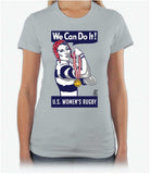 Rosie the Rugger Women's Rugby tshirt - Olympic Version - color Silver -  with model - Rugby Ethos