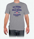 Back to back Gold Medal Champs Rugby Shirt Heather Sport with model - Rugby Ethos