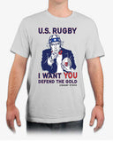 Uncle Sam - Defend the Gold! Rugby Shirt - color Silver - with model - Rugby Ethos